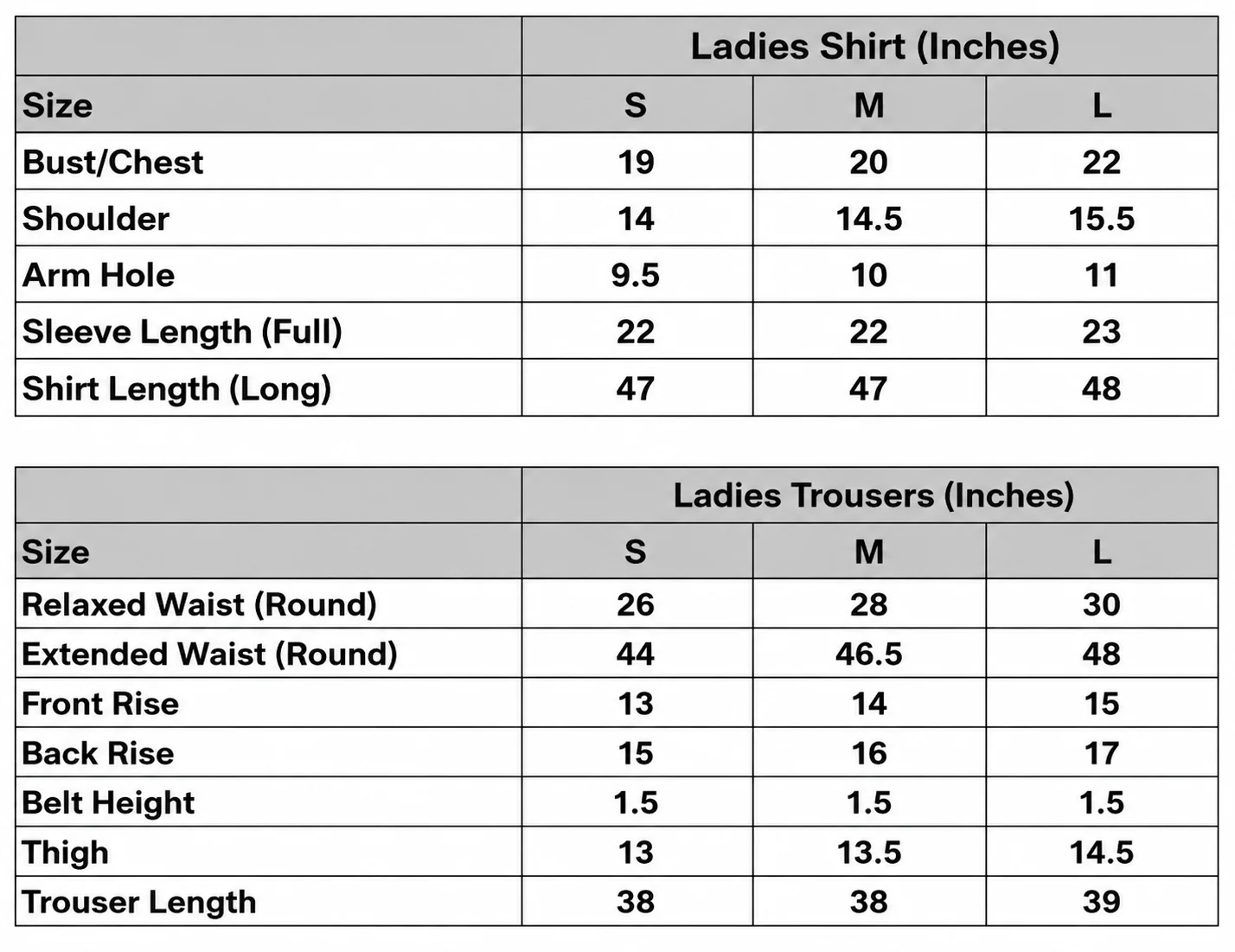 Ladies Size Chart