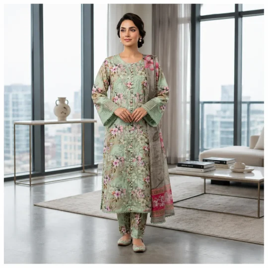 Mint Blossom – Floral Embroidered 3 Piece Suit