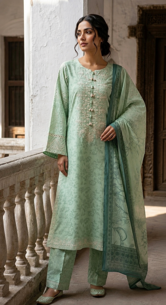 Mint Serenity -3 piece Print embroidered outfit