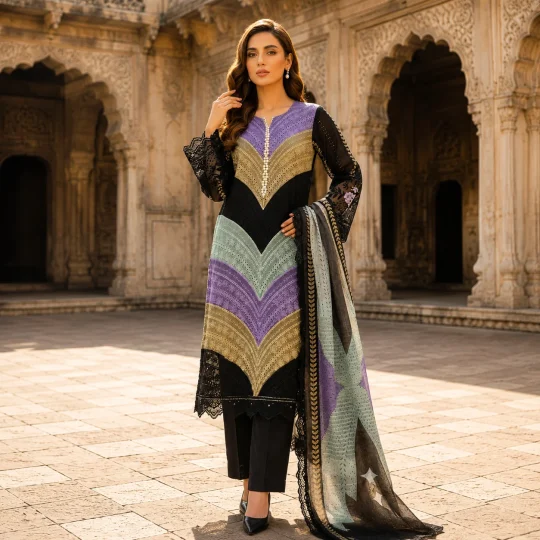 Amethyst Charm – Chevron Embroidered 3 Piece Suit