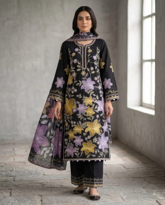 Black Floral Embroidered 3Piece suit