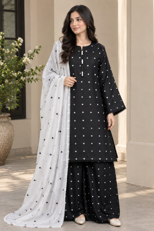 Elegant Black with white embroidery 3 piece suit